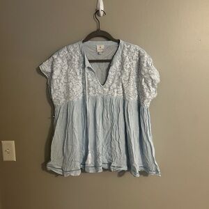 Blue Ruffled Cap Sleeve Blouse